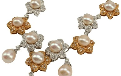 ESTATE 18KT TWO-TONE GOLD DIAMOND PEARL NECKLACE