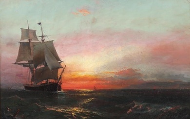 Edward Moran (American 1829-1901), Ship at Sunset