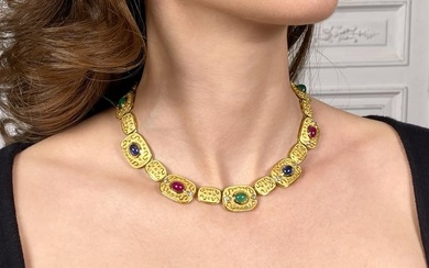 Elizabeth Gage Style Emerald, Ruby, Sapphire Necklace