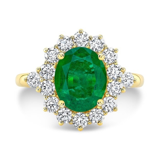 Emerald And Diamond Oval Ring With Prong-set Border And High-polish Shank In 18k Yellow Gold