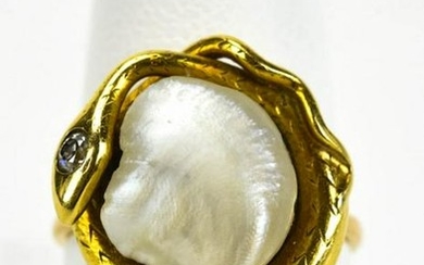 Estate 14k Gold Baroque Pearl & Diamond Snake Ring