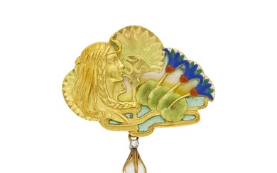 Eugene Feuillâtre Art Nouveau Gold, Enamel, Pearl and Diamond Pendant-Brooch, France