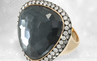 Expensive designer cocktail ring with abundant brilliant-cut diamonds and a quartz, handmade Brahmfeld & Gutruf