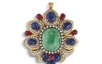 FLOWER-SHAPED MULTI GEM PENDANT/BROOCH IN 18KT WHITE AND YELLOW GOLD
