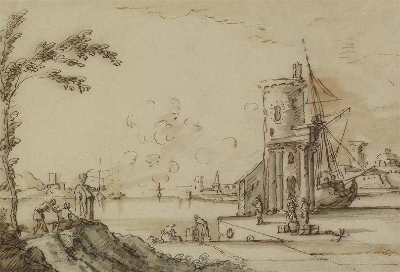 FRANCESCO ZUCCARELLI (Pitigliano 1702-1788 Florence) A Harbor Scene. Pen and brown ink and...