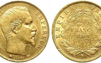 FRANCIA. 20 Franchi 1860 BB (Strasburgo). Au (6,45 g). SPL...