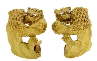 FRENCH Double Lion Earrings w/ Diamond in Textured 18k