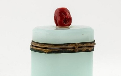 FRENCH OPALINE SMALL CASKET WITH RED BUDDHA HEAD