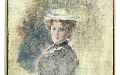 Femme au chapeau Peinture à l'huile sur carton de cabane 20x14 cm, dans un cadre...