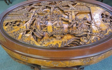 Finely carved Chinese table, raised on claw feet with...