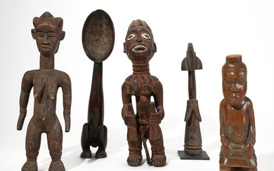 Five African tribal wooden figures and objects