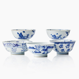Five Chinese provincial blue and white bowls