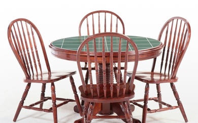 Five-Piece Colonial Style Cherrywood-Stained & Green Ceramic Tile-Top Dining Set