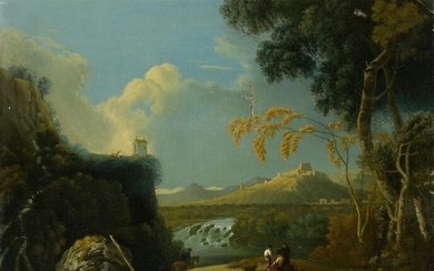 Follower of Richard Wilson, RA, British 1714-1782- An extensive river landscape with figures, castle and mountains; oil on canvas, 67.8 x 84.5 cm., (unframed). Provenance: Private Collection, UK.
