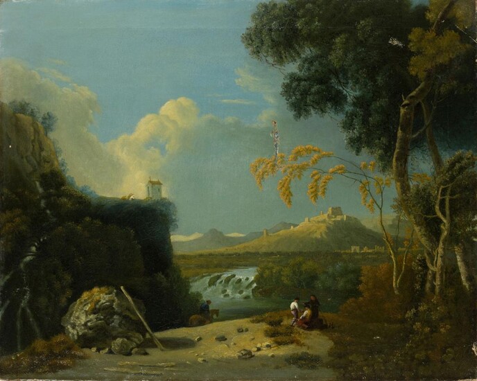 Follower of Richard Wilson, RA, British 1714-1782- An extensive river landscape with figures, castle and mountains; oil on canvas, 67.8 x 84.5 cm., (unframed). Provenance: Private Collection, UK.