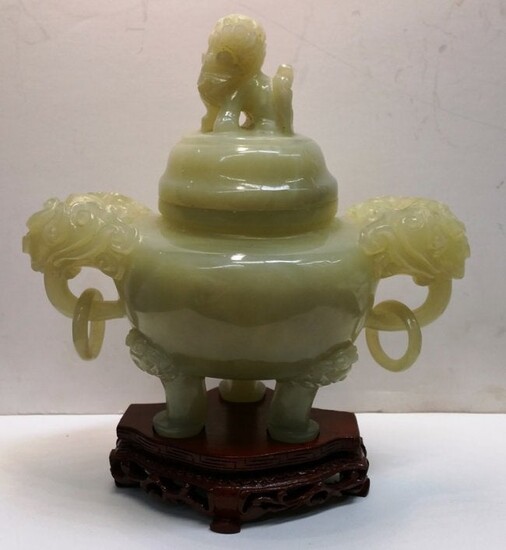 Foo Green Jade Chinese Footed Jar With Ring Handles