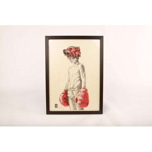Framed red bear head cap boy with red boxing gloves by Pohig...
