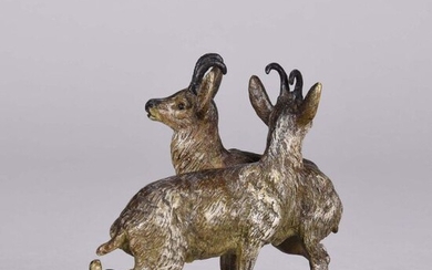 Franz Bergman (1861 ~ 1936) Cold painted Vienna bronze group of a mountain goat family. Signed with Bergman 'B'. Circa 1900 - Height 9cm.