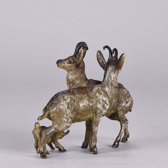 Franz Bergman (1861 ~ 1936) Cold painted Vienna bronze group of a mountain goat family. Signed with Bergman 'B'. Circa 1900 - Height 9cm.