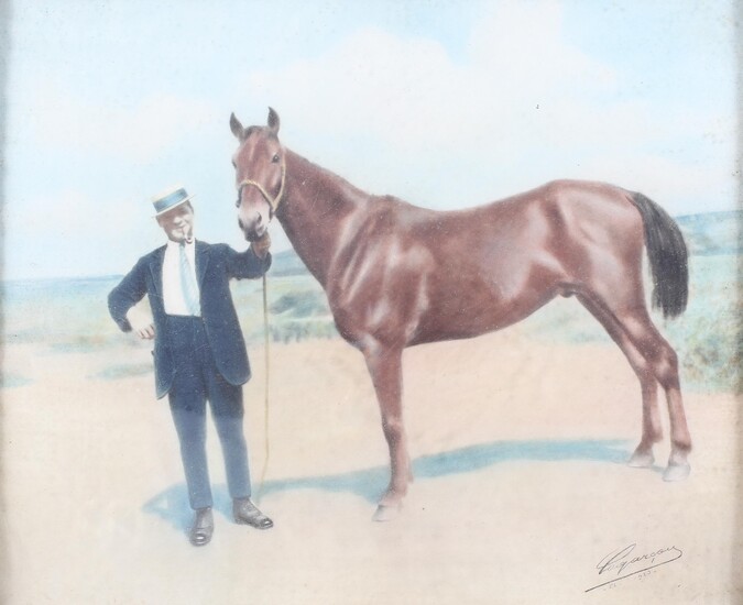French, Early 20th Century School, pastel drawing on paper of a suited man and a racehorse