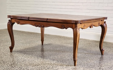 French Louis XV style walnut parquetry draw leaf dining table (75 x 167 ext. 288 x 106cm)