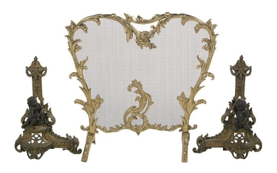 French Rococo-Style Bronze Chenets and Firescreen