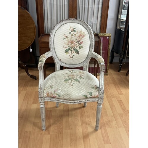 French style Louis XVI armchair, cameo back, distressed pain...