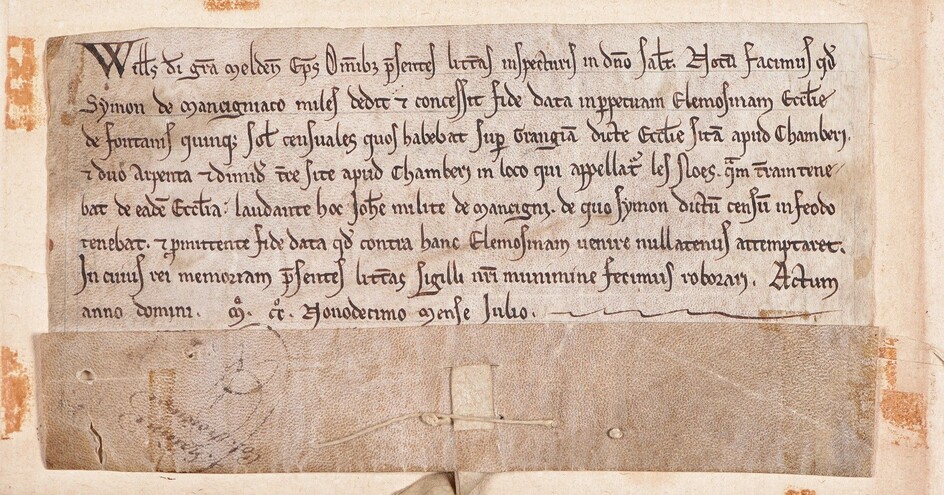[GUILLAUME Ier DE NEMOURS, évêque de Meaux]. Charte sur parchemin, datée de juillet 1219. 16,6...