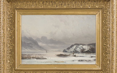 Gabriel Loppé (1825-1913), Vue sur le lac d'Annecy, la Tournette et les Dents de Lanfon, huile sur panneau, signée, 29x40 cm
