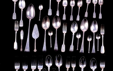 George I silver tablespoon, M*?, London 1717, and other Georgian and later flatware.