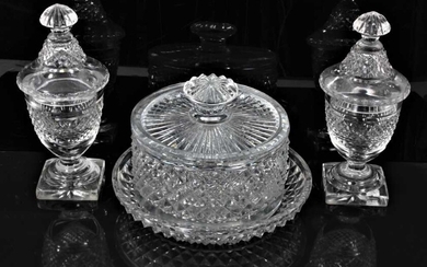 Georgian cut glass butter tub and lid on stand, together with a pair of cut glass urns and covers