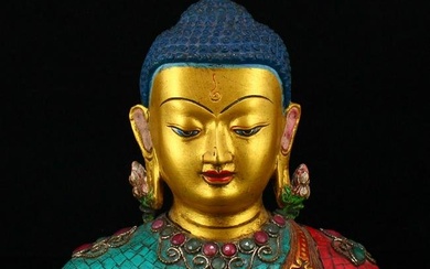 Gilt Gold Bronze Inlay Turquoise & Gem Buddha Head Statue