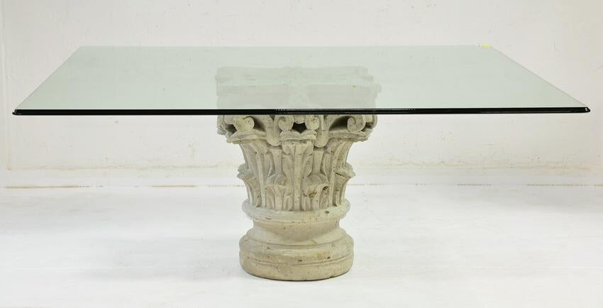 Glass Top Table With Stone Column Top Pedestal Base