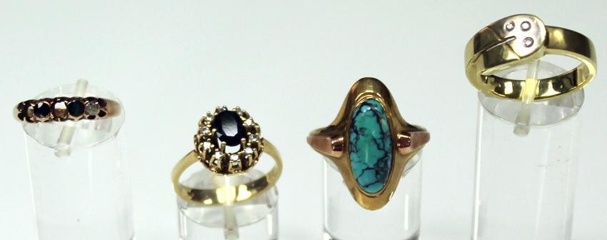 Gold 585. 4 rings. Diamonds, turquoise, sapphires.
