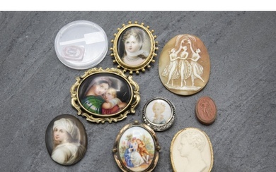 Good mixed lot of antique enamel and cameos, to include five...