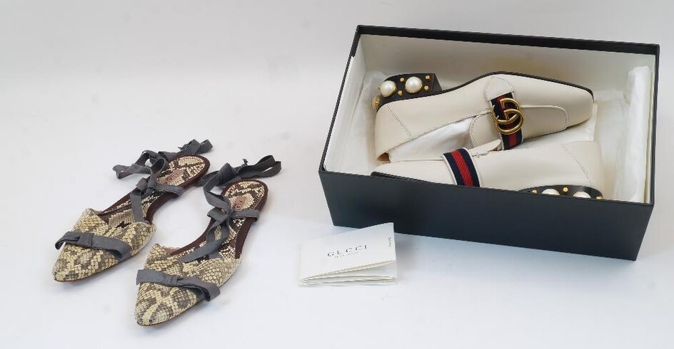 Gucci: a pair of cream leather slide-on loafers, the heel embellished with faux pearls, with gilt GG logo buckle and gilt 'Gucci' plaque to the underside, size '34.5', each loafer with dust bag, in original box with care pamphlets, together with a...