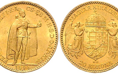 HAUS HABSBURG, Franz Joseph I., 1848-1916, 20 Kronen 1894 KB, Kremnitz. Stehender Kaiser