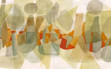 HELGA RADENER-BLASCHKE. 'Bottles - abstract, beige/red', watercolours on paper.