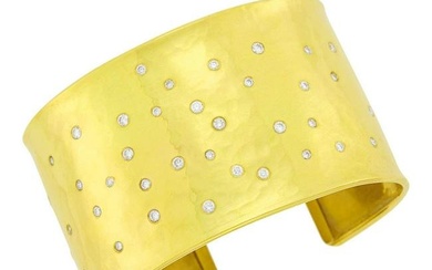 Hammered Gold and Diamond Cuff Bangle Bracelet