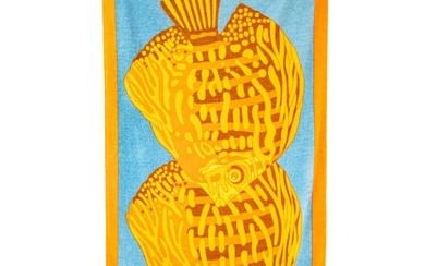 SOLD. Hermès: A beach towel made of cotton with motive "Grands Fonds" by Annie Faivre in blue and orange colours. – Bruun Rasmussen Auctioneers of Fine Art