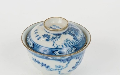 INDOCHINA, circa 1900. Covered blue white porcelain bowl...