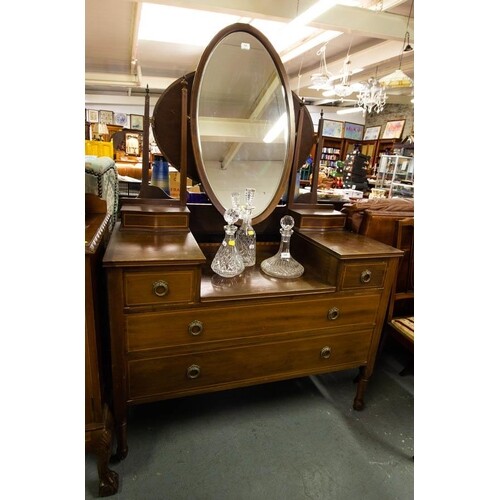 INLAID MAHOGANY DRESSING TABLE WITH OVAL MIRROR. 115 X 50D X...
