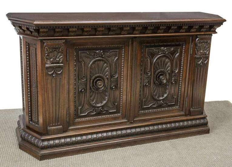 ITALIAN WELL-CARVED WALNUT CANTED SIDEBOARD
