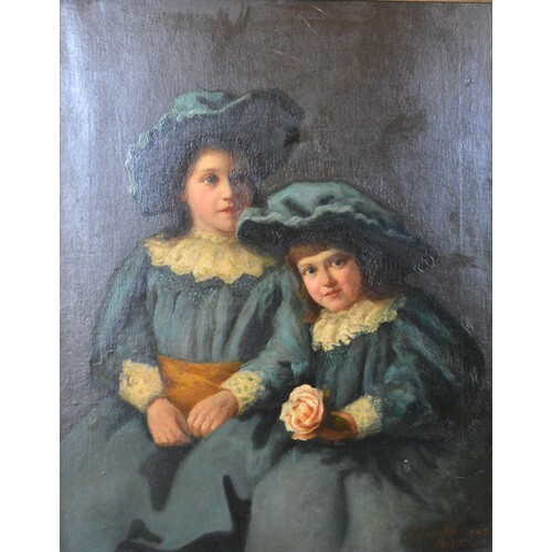J. Proschwitzky, portrait of two young girls wearing blue dr...