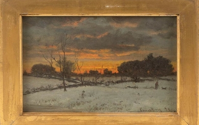 JOHN JOSEPH ENNEKING, Massachusetts/New York/Maine/Ohio, 1841-1916, Sunset winter landscape., Oil on board, 6.25" x 9.5". Framed 8"...