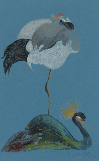 JOSEPH STELLA Crane and Peacock. Color monotype on blue paper. 330x220 mm; 13x8...
