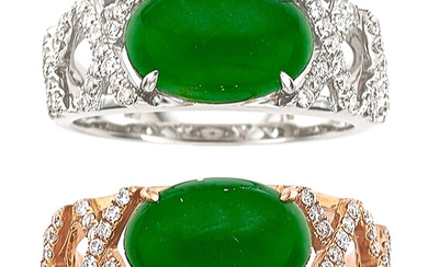 Jadeite Jade, Diamond, Gold Rings Stones: Jadeite jade cabochons;...