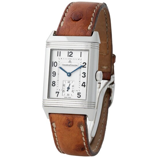 Jaeger LeCoultre. Charming and Valuable Reverso Grand Taille rectangular-shape reversible wristwatch in Steel, Reference 270.8.62 With Box and Papers