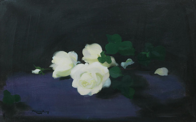 James Stuart Park (British, 1862-1933) White roses on a purple...