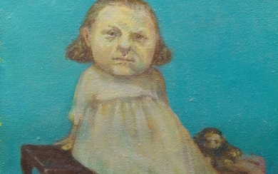 Jane Andrews, British b.1954- Girl, 1999; oil on canvas, signed and dated to the reverse, with a postcard from the Islington Contemporary Art & Design Fair 2004, 21 x 21 cm (ARR) (unframed)
